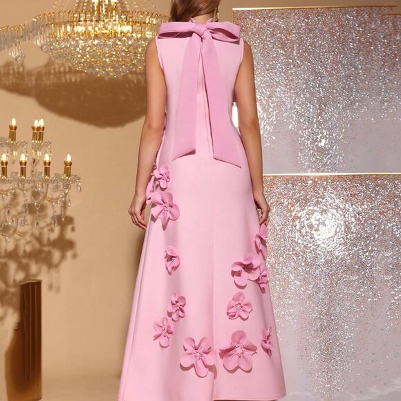 Pink Elegant Women's 3d Floral Decor Slim Fit High Neck Sleeveless Dress - Picture 2 of 8